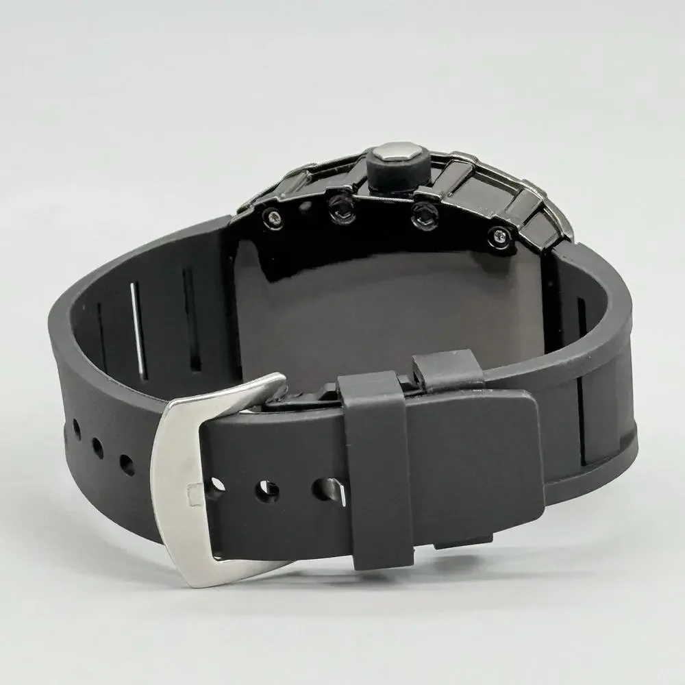 Mens Black Tonneau Watch Quartz Heavy Duty Fashion Skeleton Dial Wine Barrel
